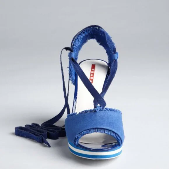 PRADA SPORT SHOES STRIPED WEDGE BLUE CANVAS ANKLE WRAP SANDALS sz 40 / 10 - Picture 2 of 13